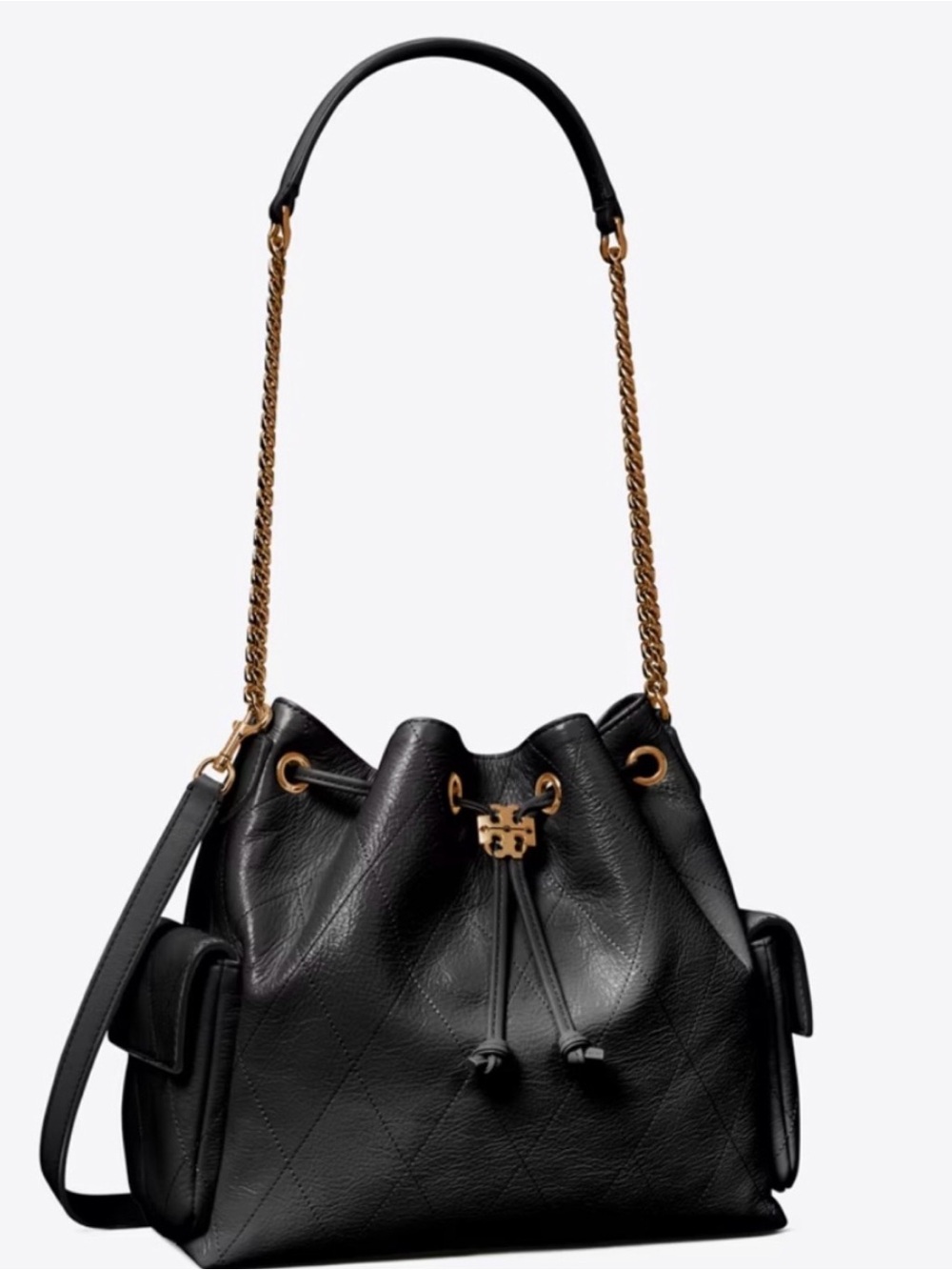 Tory Burch Black Charlie small Quilted Leather Drawstring Shoulder Bag